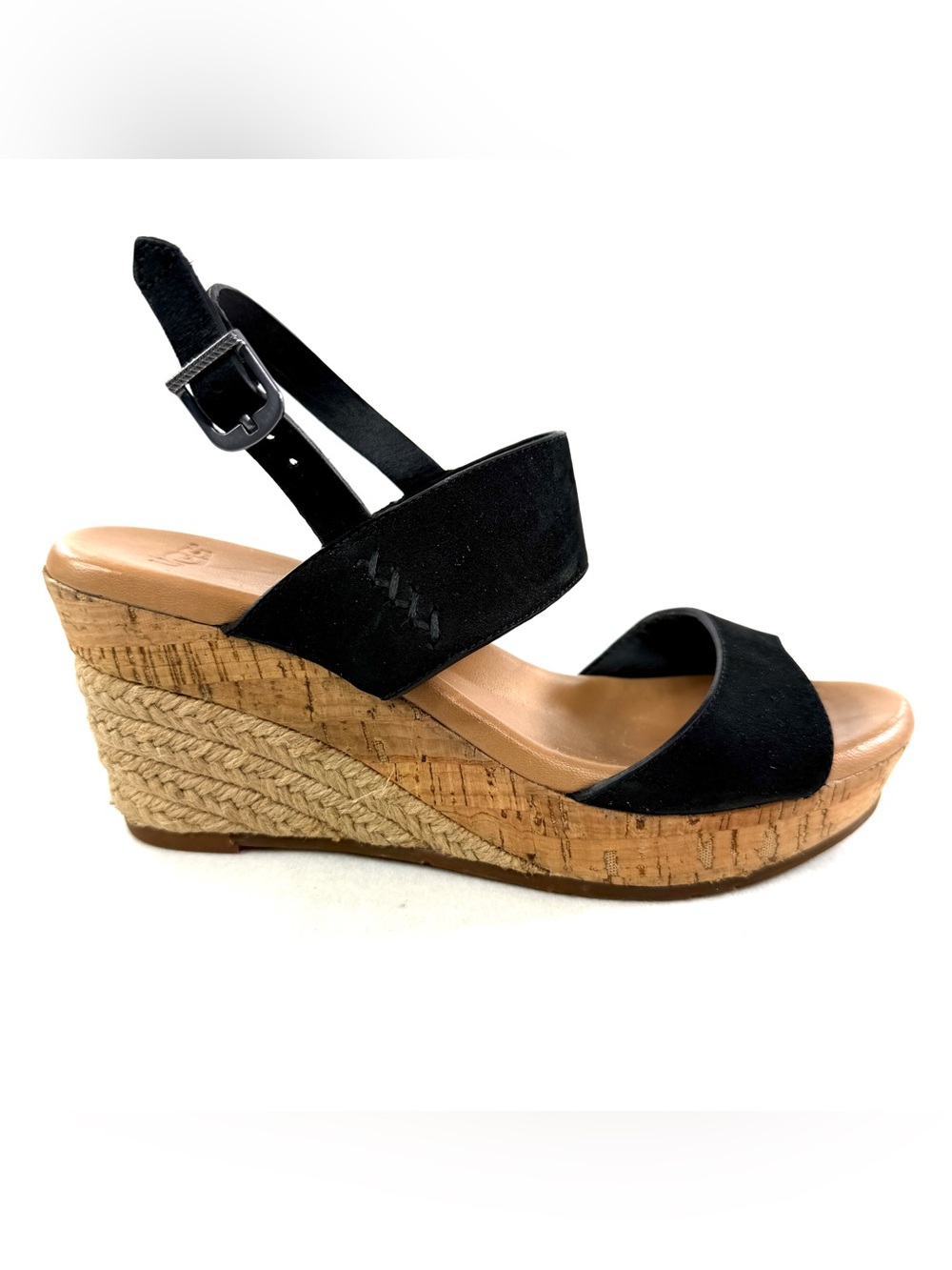 UGG Elena Women Size 6.5 Black Leather Jute Cork Wedge Sandal Buckle 1015098